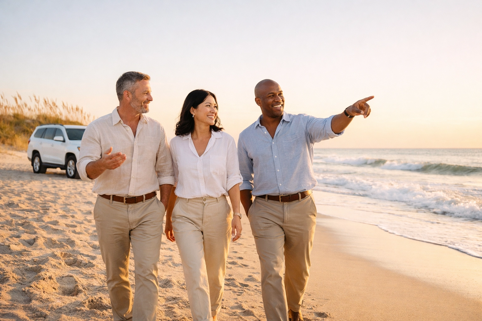 Business executives on a luxury corporate retreat walking along the Corolla 4x4 beach at sunset.