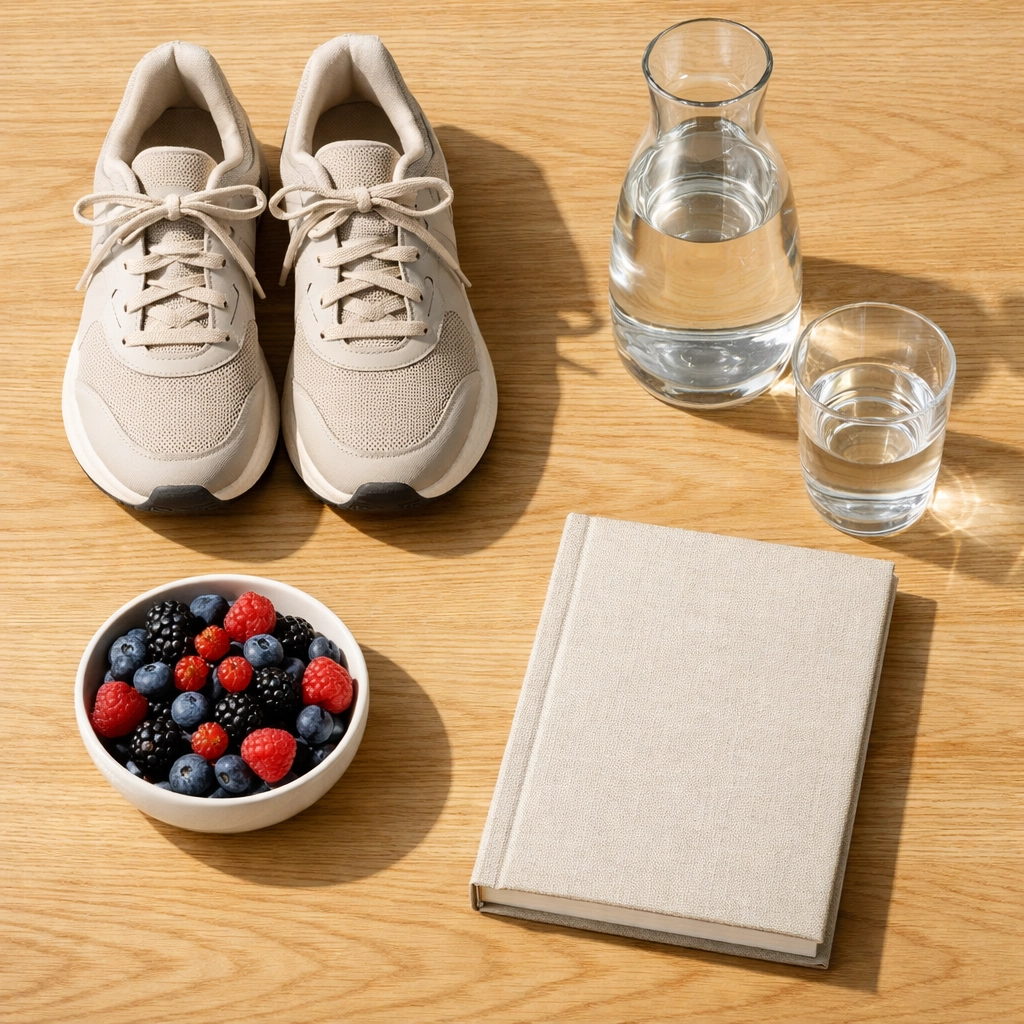 Morning wellness routine with berries, water, and gear to optimize NMN 300mg supplement effectiveness.