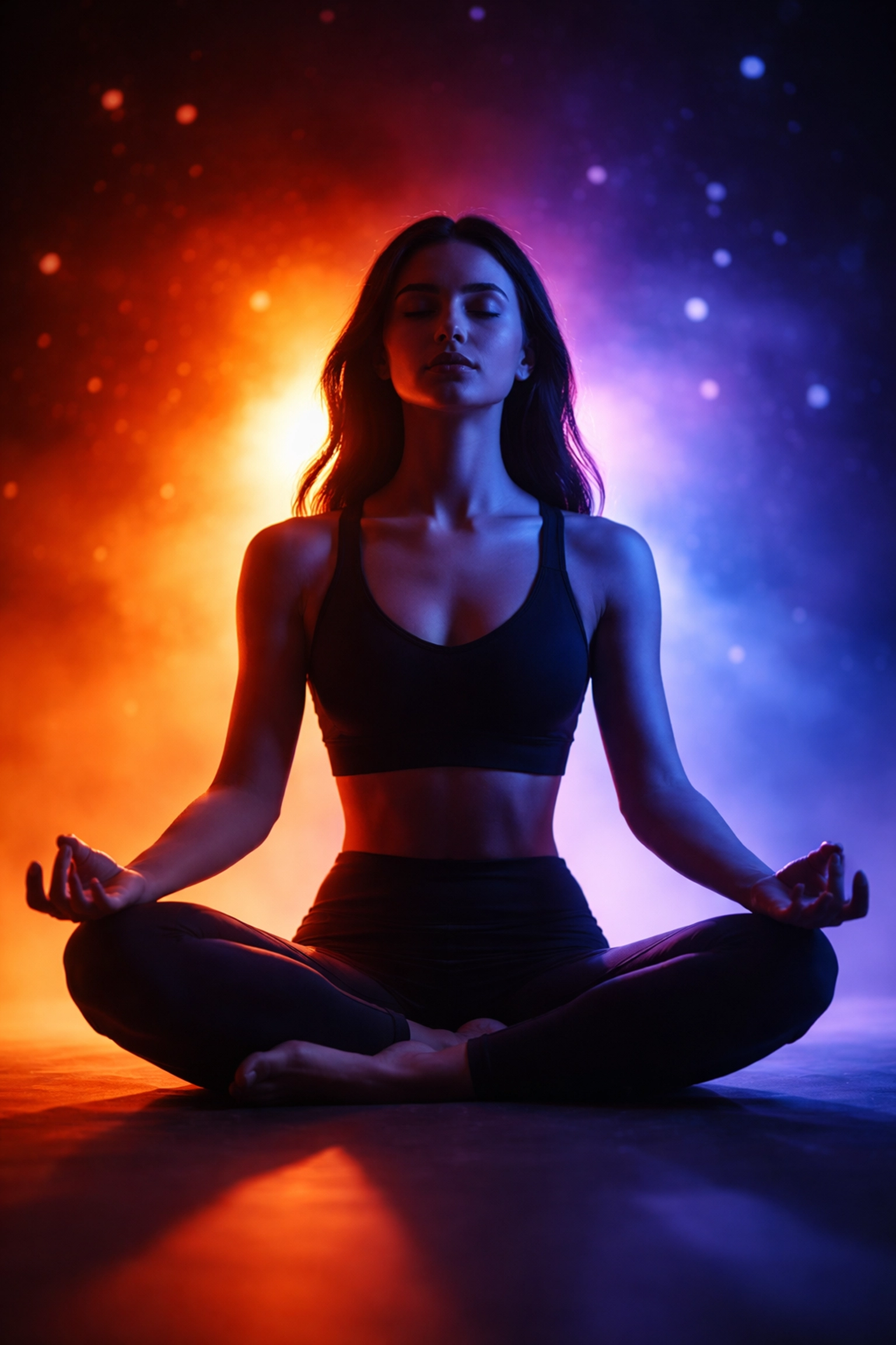Woman practicing meditation with contrasting light, symbolizing nervous system regulation between stress and calm states