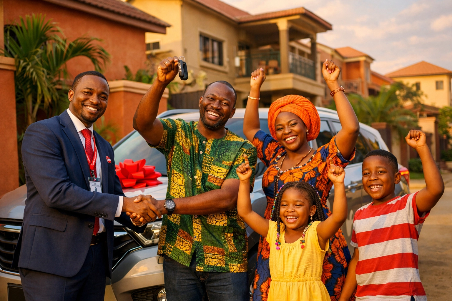 Happy African family receiving car keys after successful vehicle delivery to Nigeria