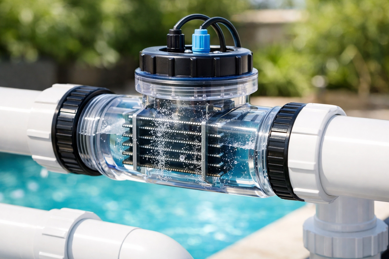 Saltwater chlorinator cell in a home pool filtration system converting salt into pure chlorine.