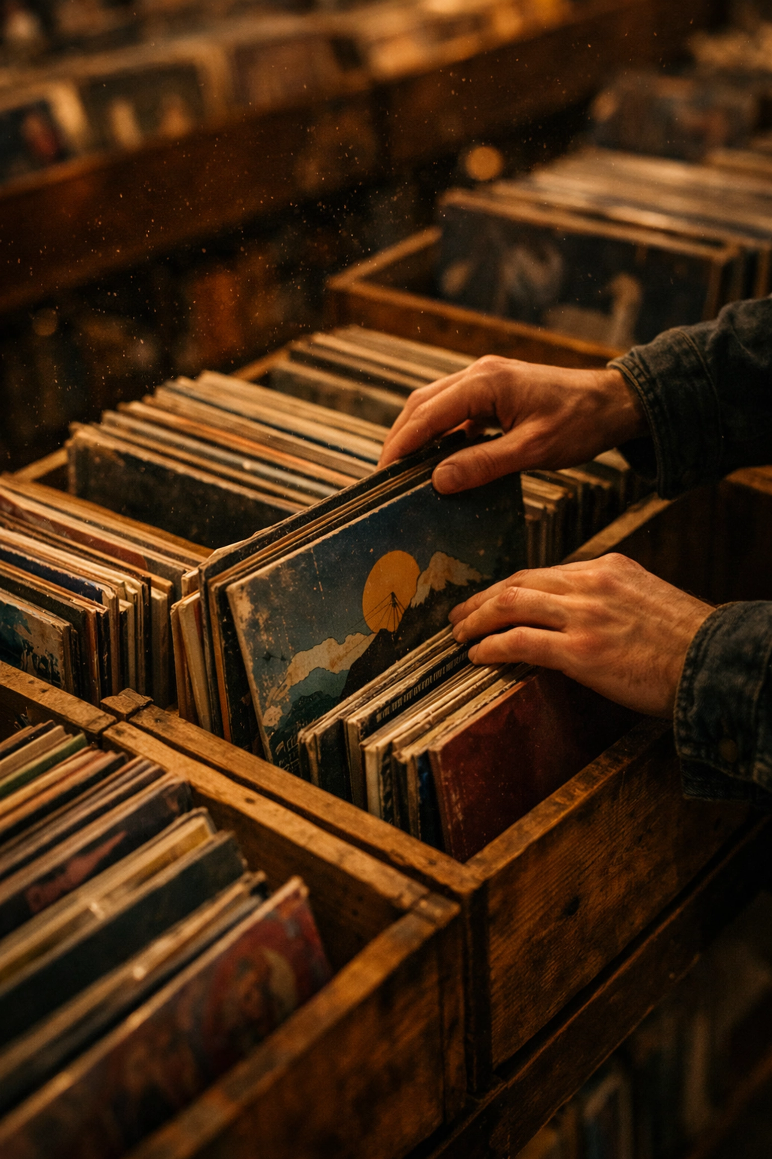 Customer browsing indie vinyl records in wooden crates at Nivessa Pico store