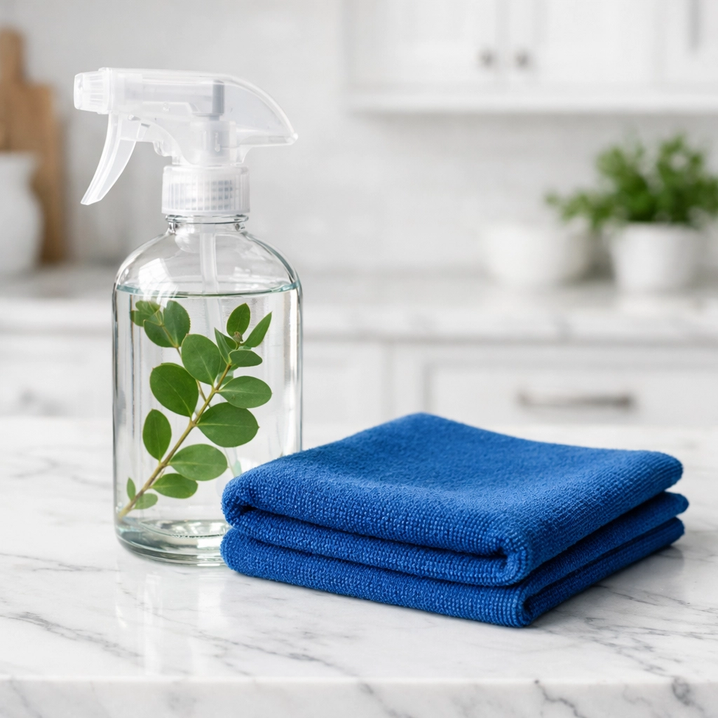 Eco-friendly house cleaning supplies on a sparkling white marble kitchen island in an Easton home.