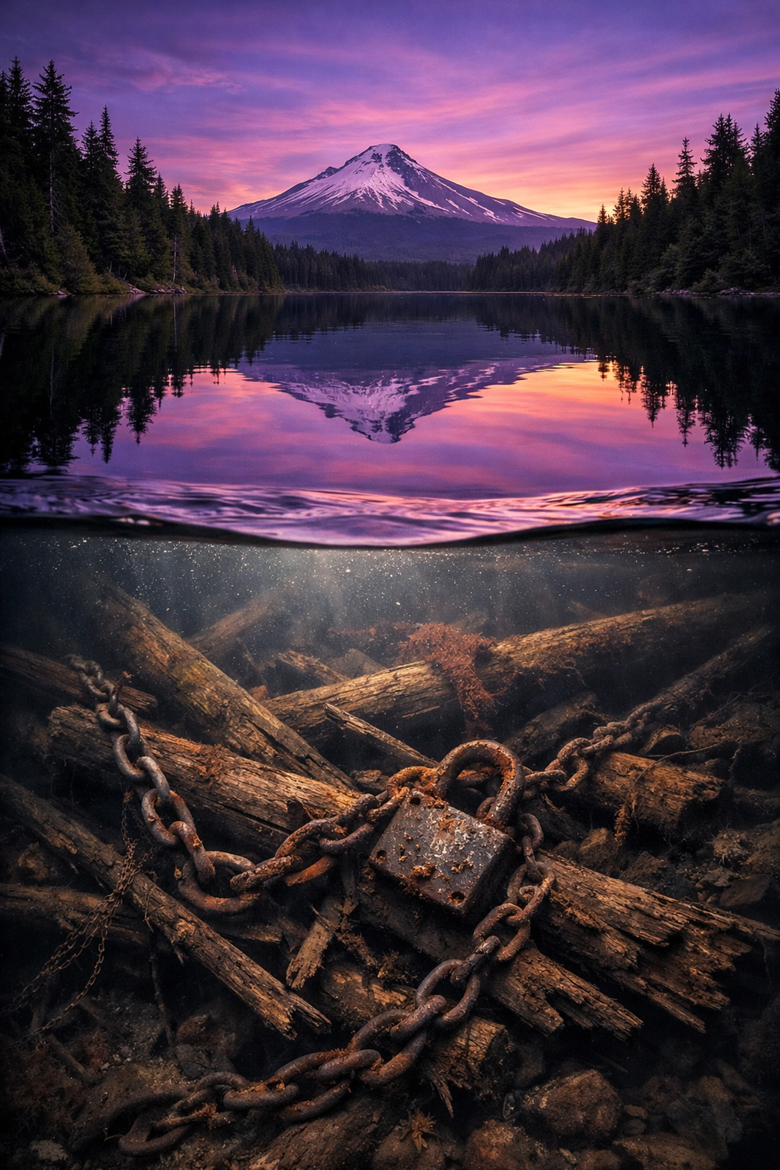 Oregon lake showing calm surface versus hidden chaos, representing messy bookkeeping and reconciliation issues.