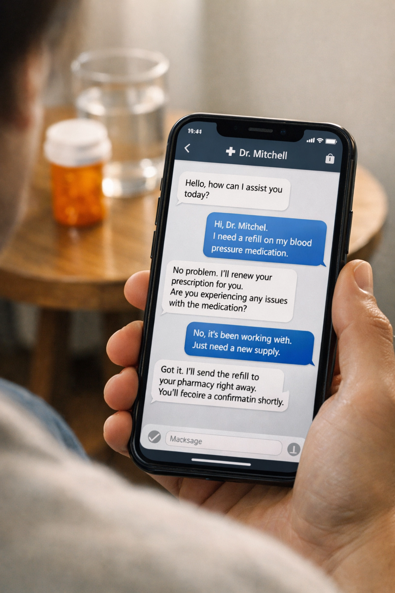 Secure online medical chat for prescription refills via smartphone in a comfortable home setting.