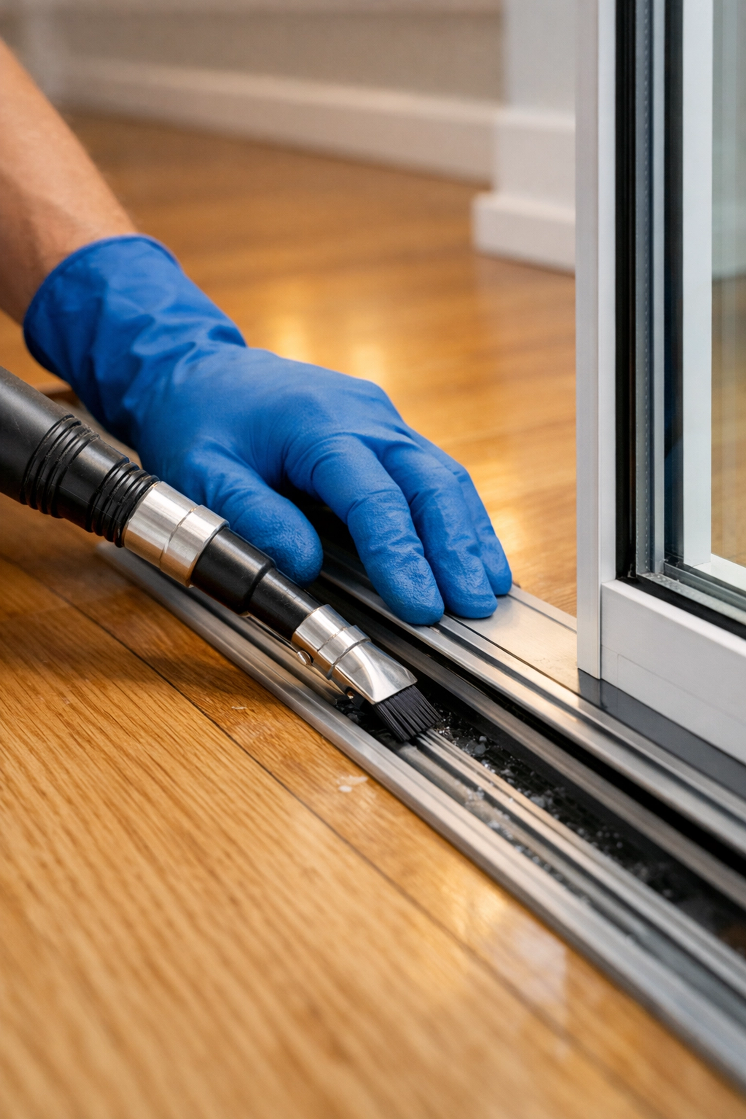 Deep cleaning sliding door tracks to remove debris during post construction cleaning in Maynard.