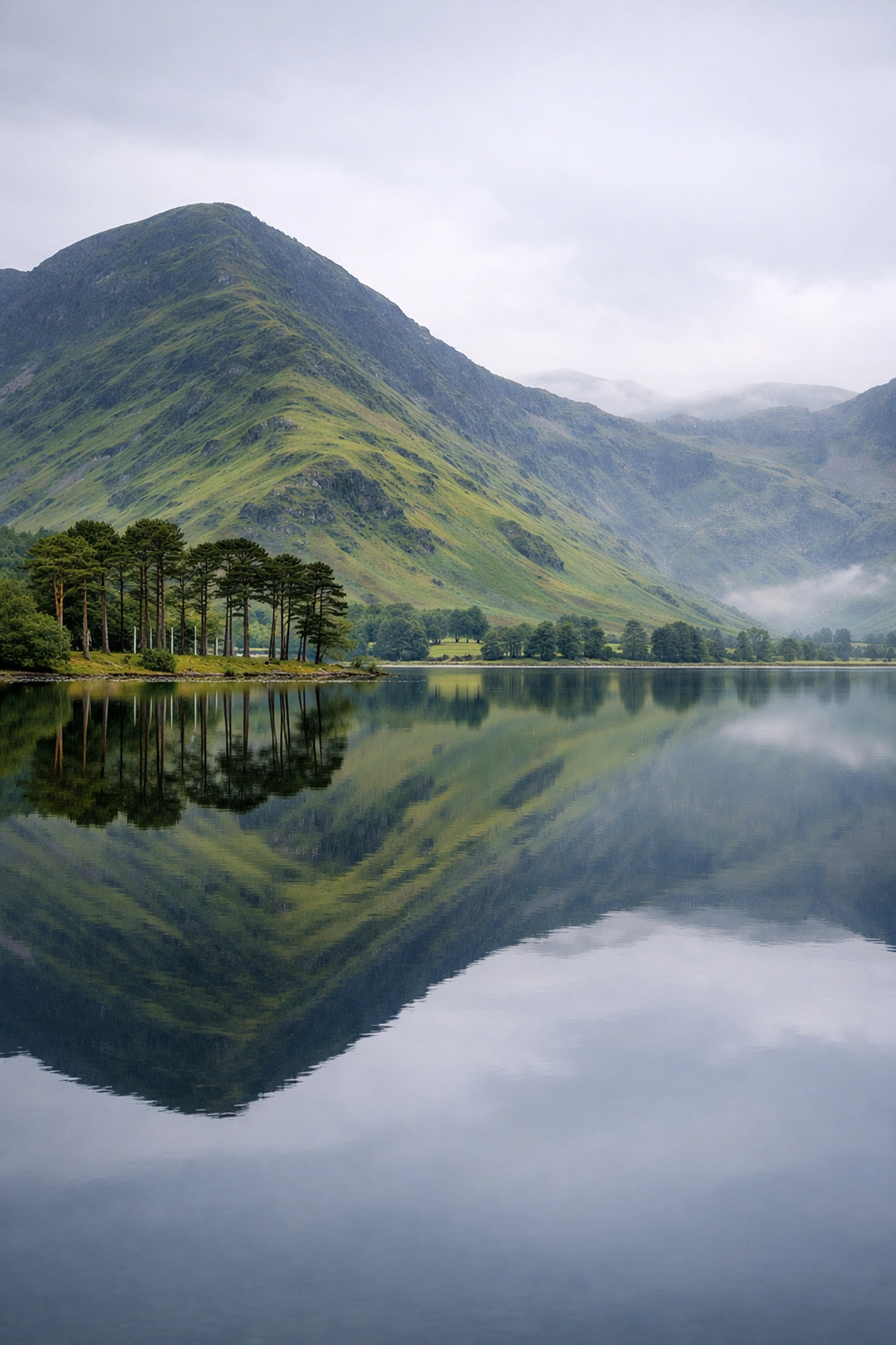 Misty morning at Buttermere lake reflecting Fleetwith Pike, showcasing the scenic beauty of guided walks Lake District.