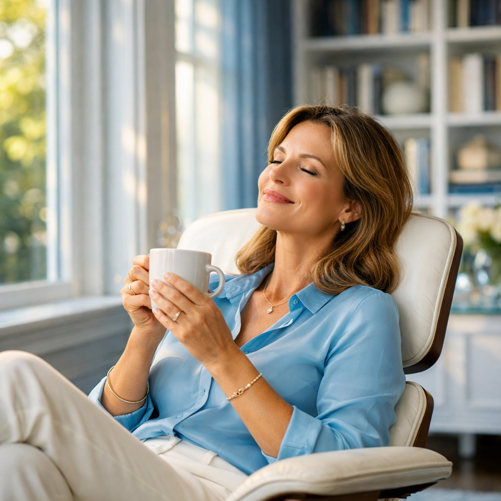 A homeowner relaxes in a clean Newton MA estate after professional luxury house cleaning services.