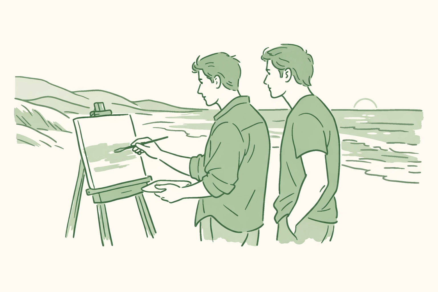 Gay romance at Herring Cove Beach Provincetown - artist painting while man watches at sunset