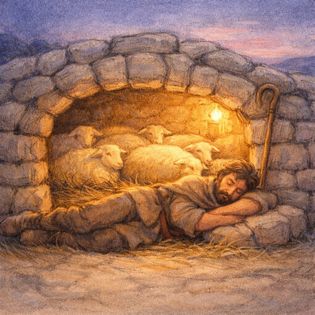 Shepherd lying across sheepfold entrance as protective door, depicting Jesus as the Good Shepherd