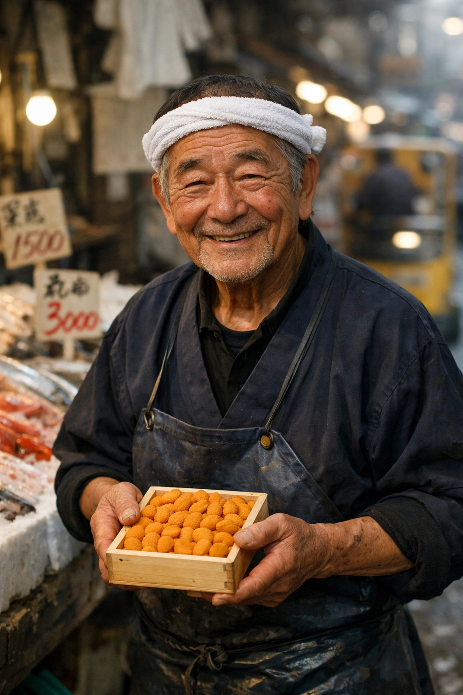 Portrait of a local fishmonger with fresh sea urchin at a traditional Tsukiji Market stall.