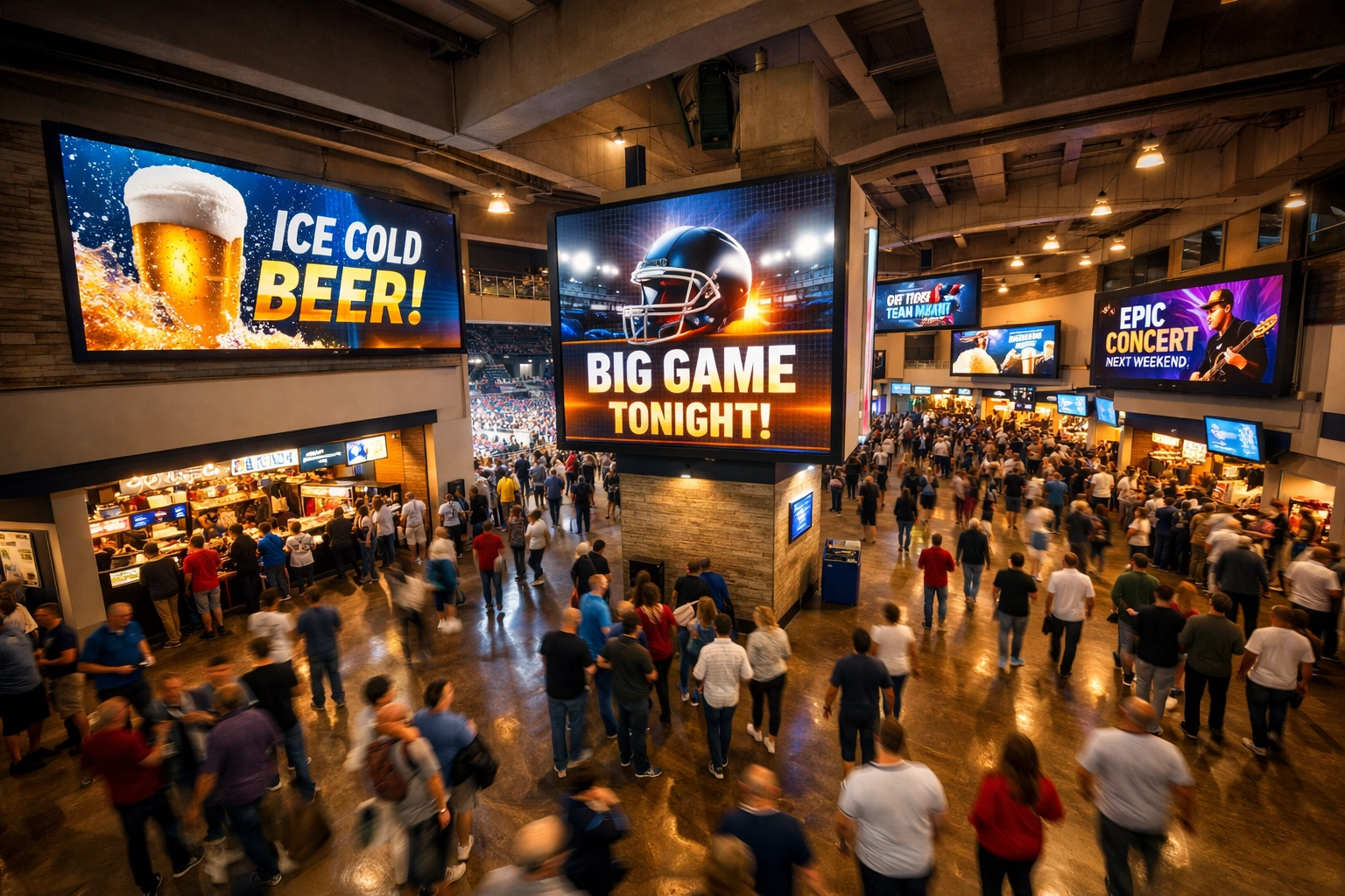 Sports stadium concourse with LED digital signage displays showing brand activation and advertising