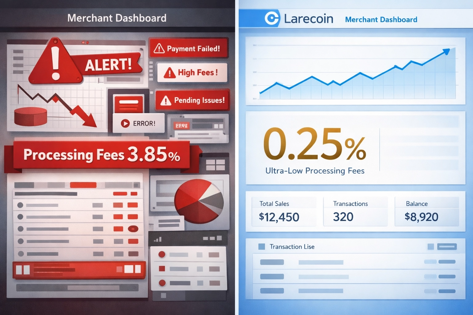 Larecoin 0.25% fees compared to traditional crypto payment processors charging 3-4%