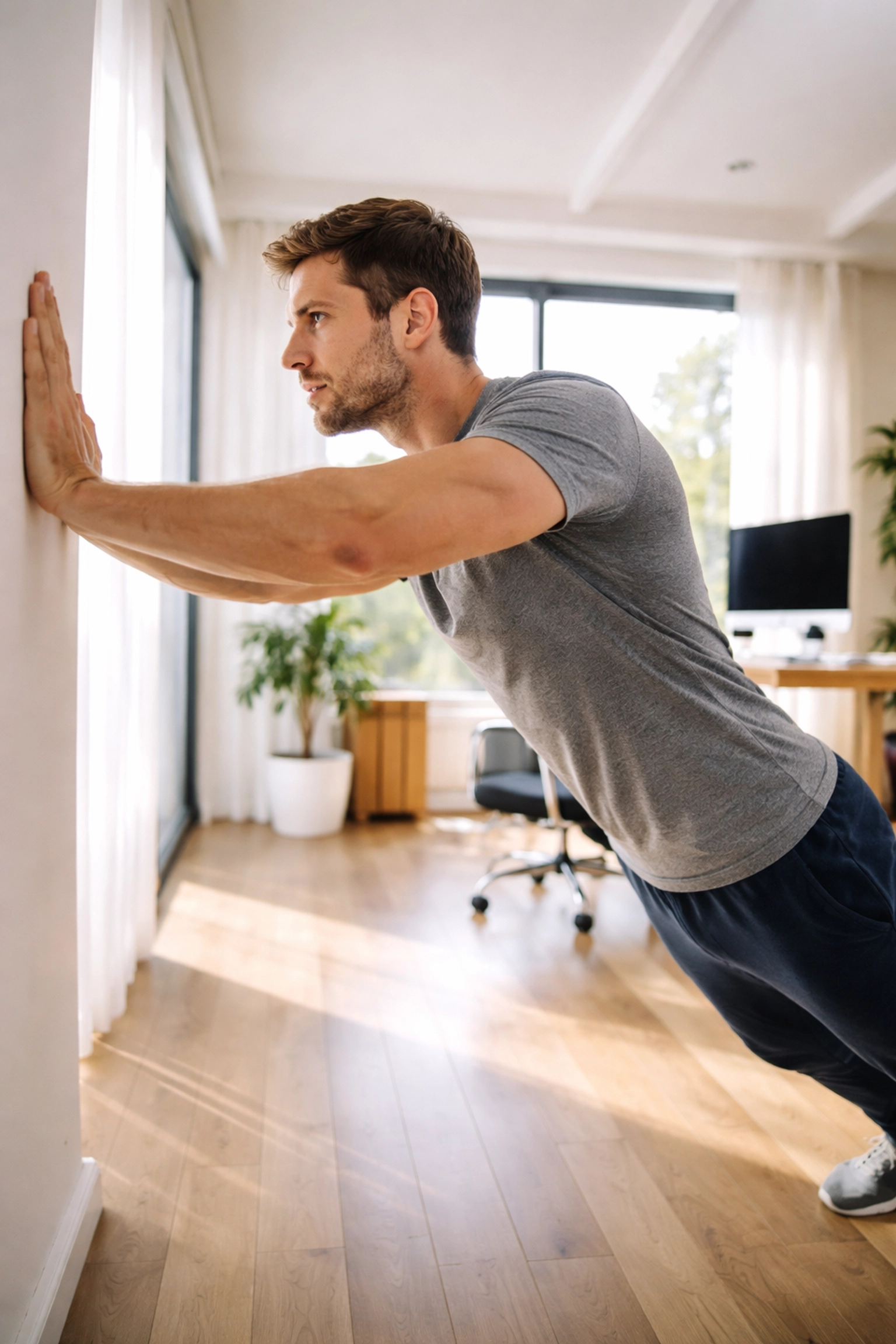 Homme faisant des pompes contre le mur dans un salon-bureau lumineux, exemple d'exercice au télétravail
