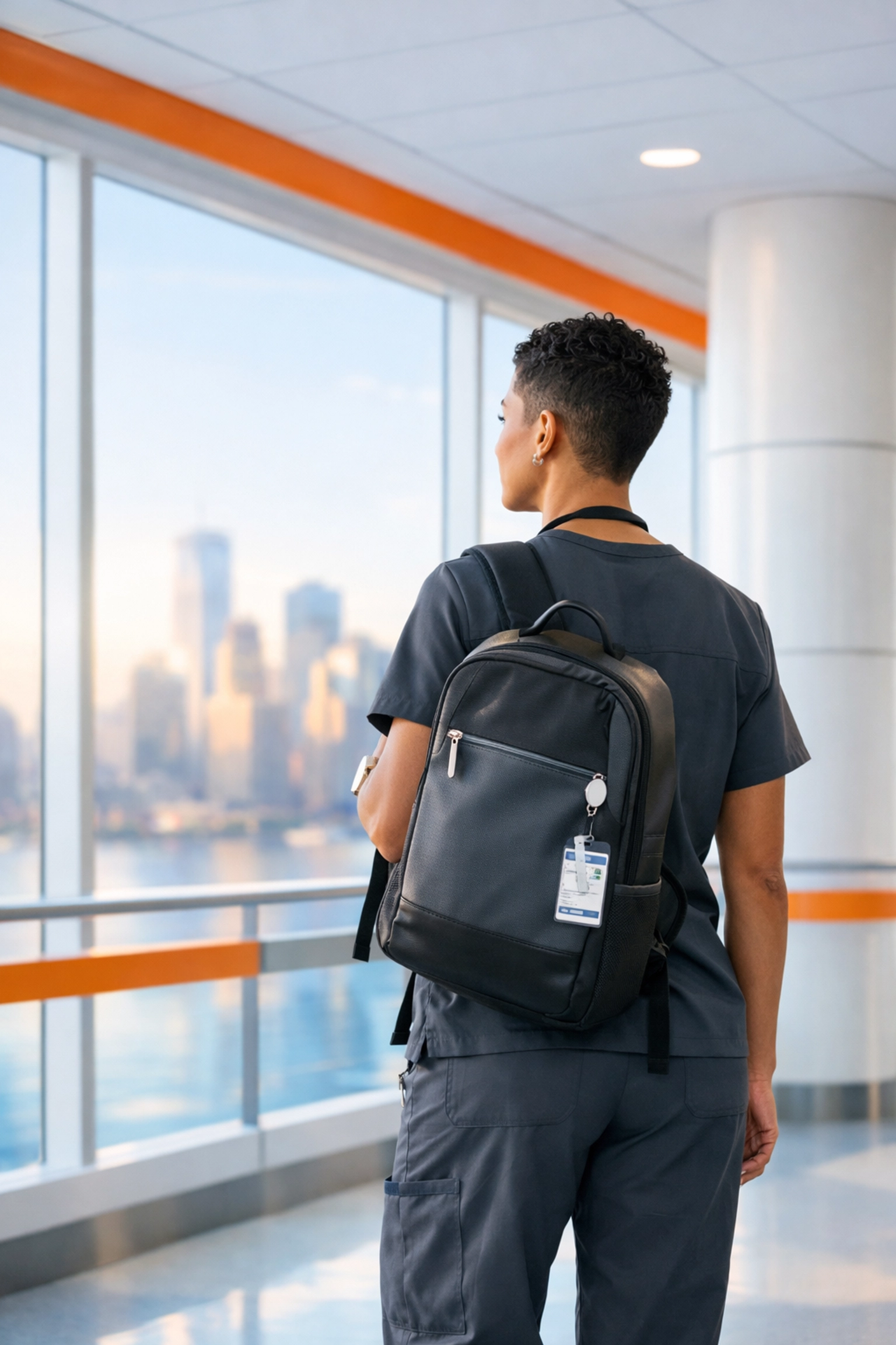 Travel nurse at a hospital window, illustrating workforce flexibility and high-value travel contracts.