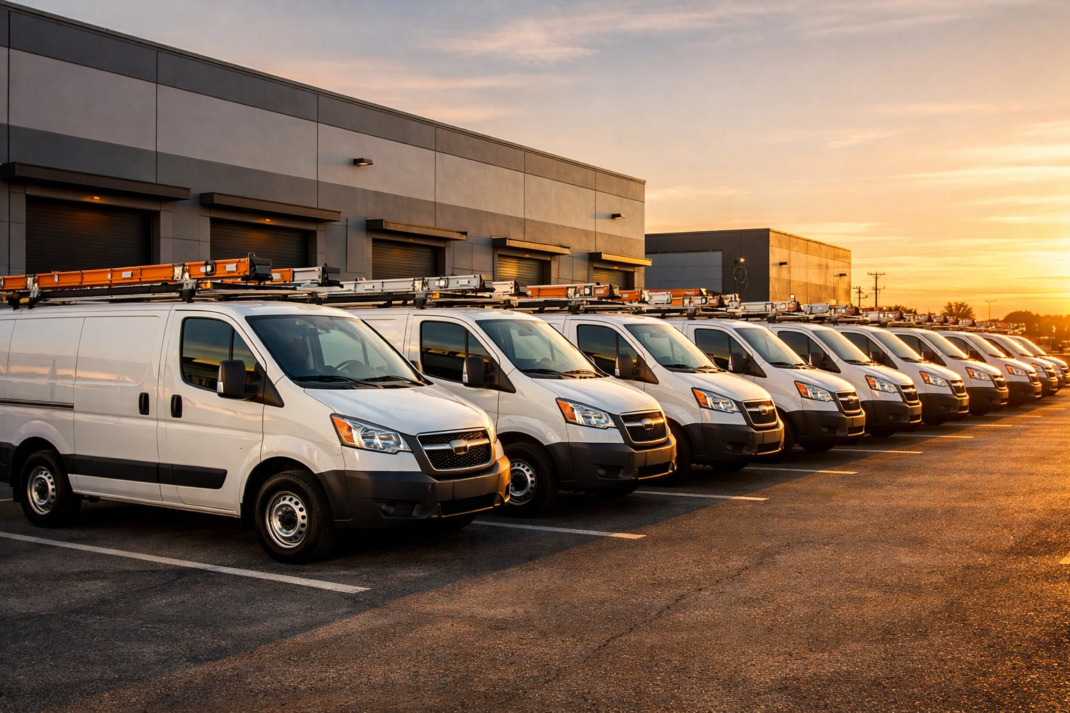 A fleet of white electrical contractor service vans parked at a professional warehouse hub.