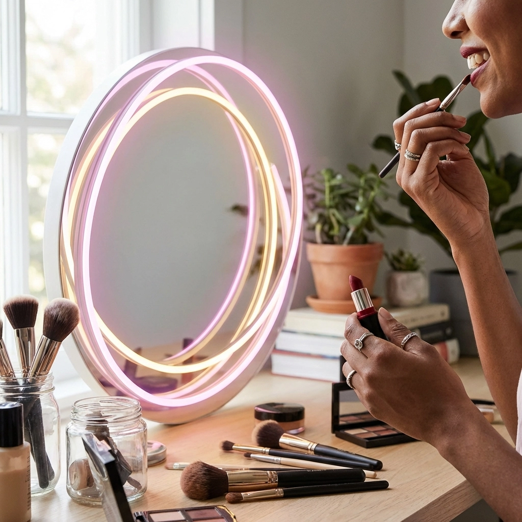 Close-up of hands applying lipstick at a vanity mirror, marking a joyful self-celebration for crossdressers and trans women.