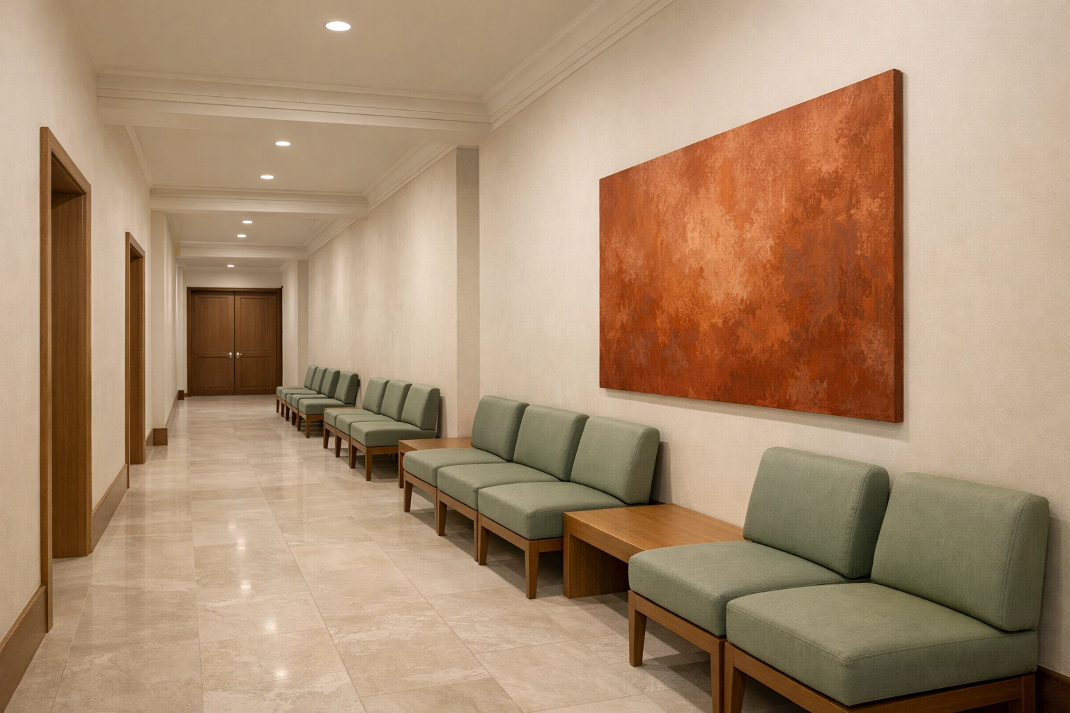 Minimalist professional hallway interior with cream walls, sage seating, and subtle terracotta accents in a Business Boho palette