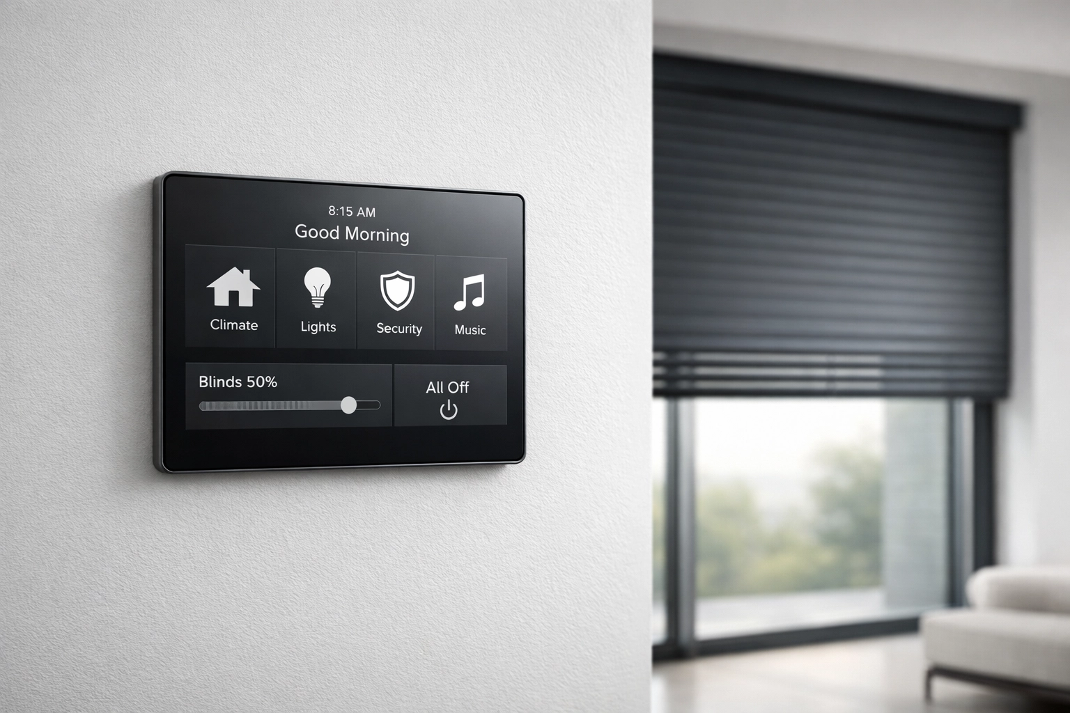 Moderne Smart Home Steuerung für automatisierte Rollläden und Sonnenschutzsysteme in Wien.