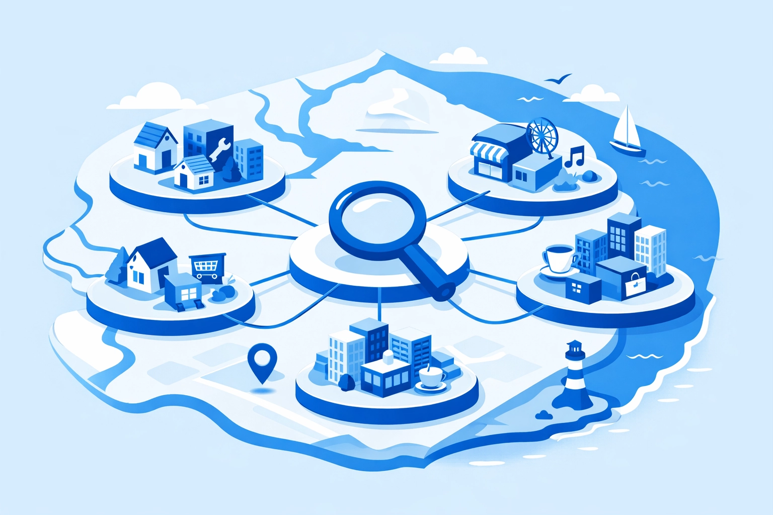 Map illustration of Monmouth County towns highlighting hyper-local SEO services and search targeting.