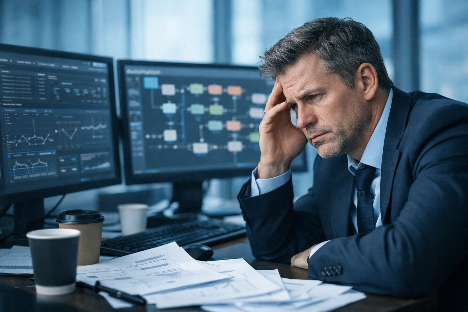 Business executive overwhelmed by complex automation tools without strategic consulting guidance