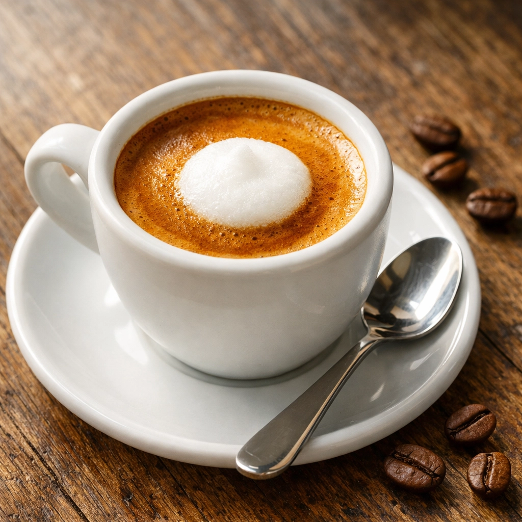 Traditional caffe macchiato in a white ceramic cup showing rich espresso crema marked with a dot of milk foam.