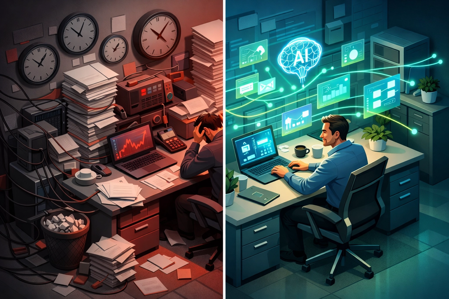 Before and after comparison showing workflow automation transforming chaotic manual processes into organized systems