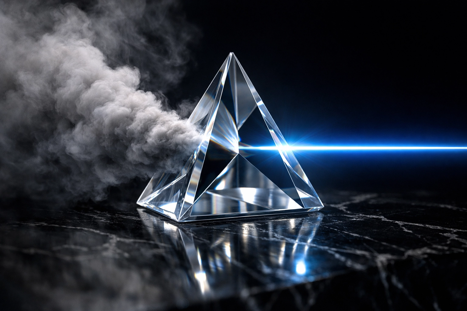 A crystal prism refining a vague request into a precise, high-efficiency AI prompt beam.