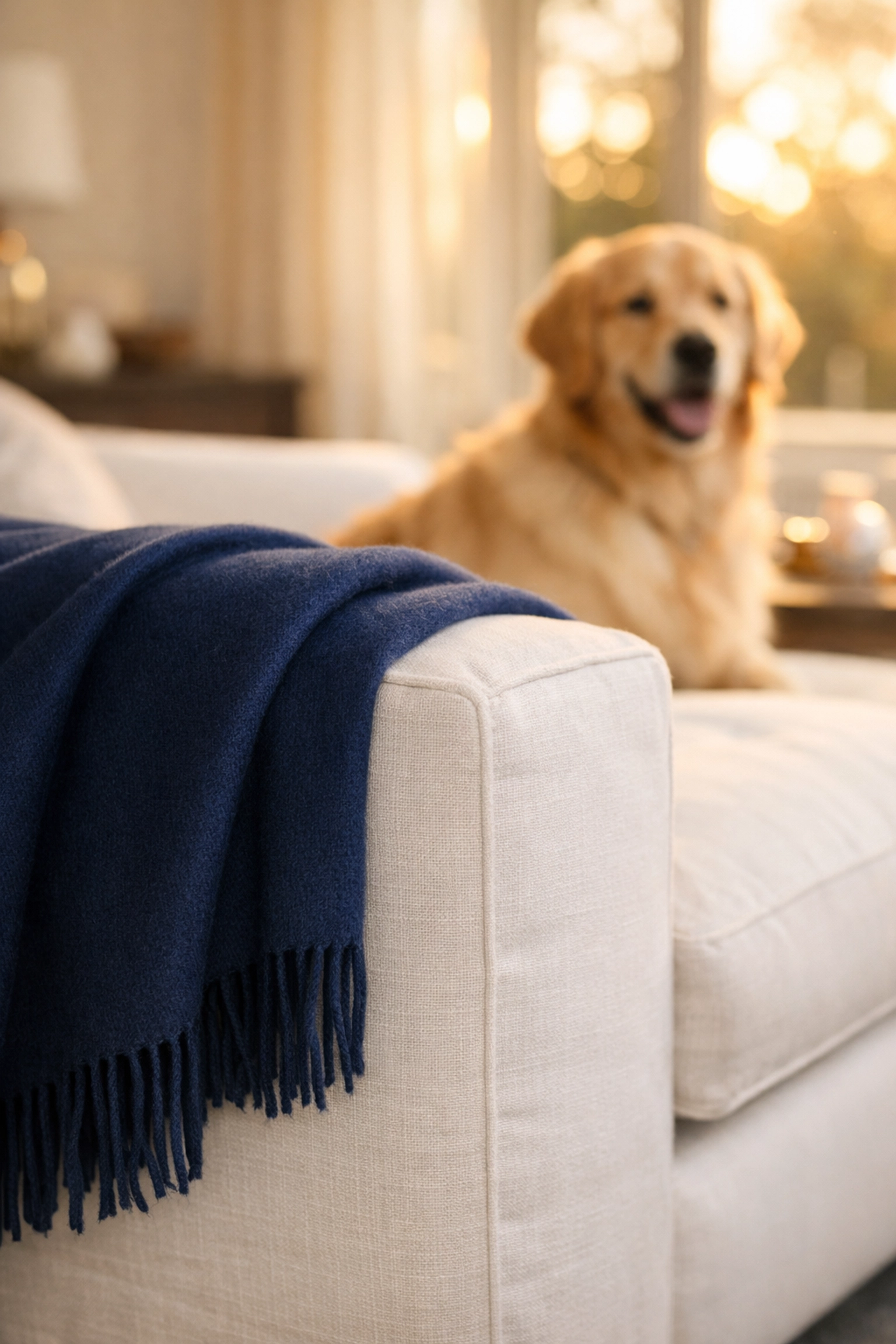 Hair-free navy throw blanket on a white sofa, demonstrating pet-focused clean home tips.