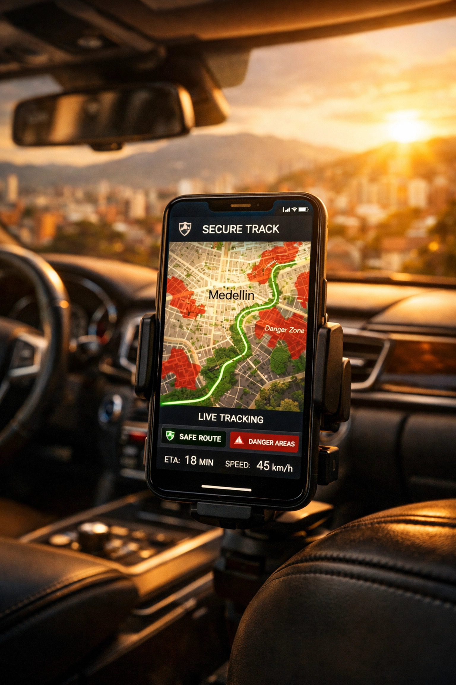 GPS security app displaying safe routes and danger zones on vehicle dashboard in Medellin