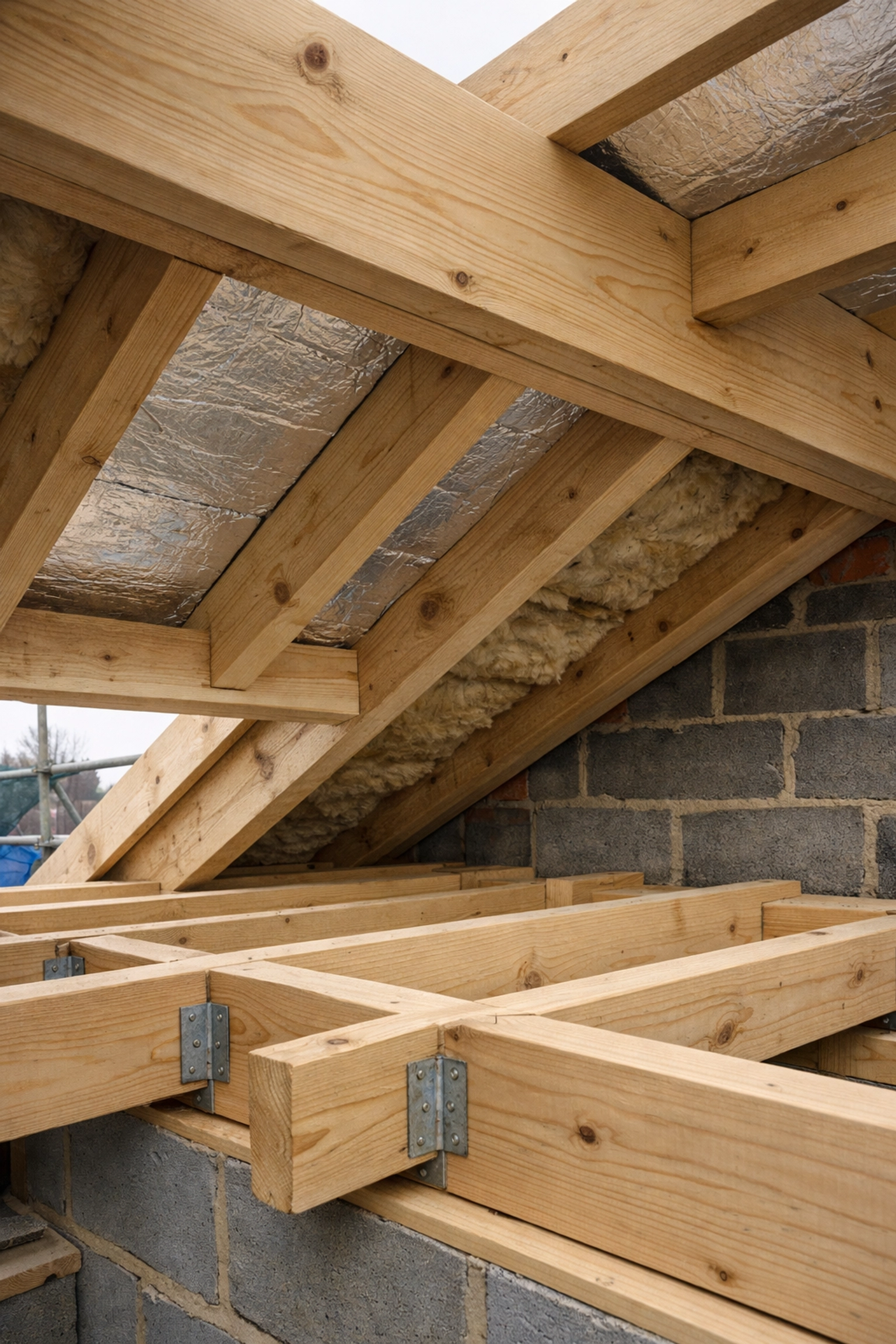 Structural timber and insulation installation by house extension specialists during a loft conversion.