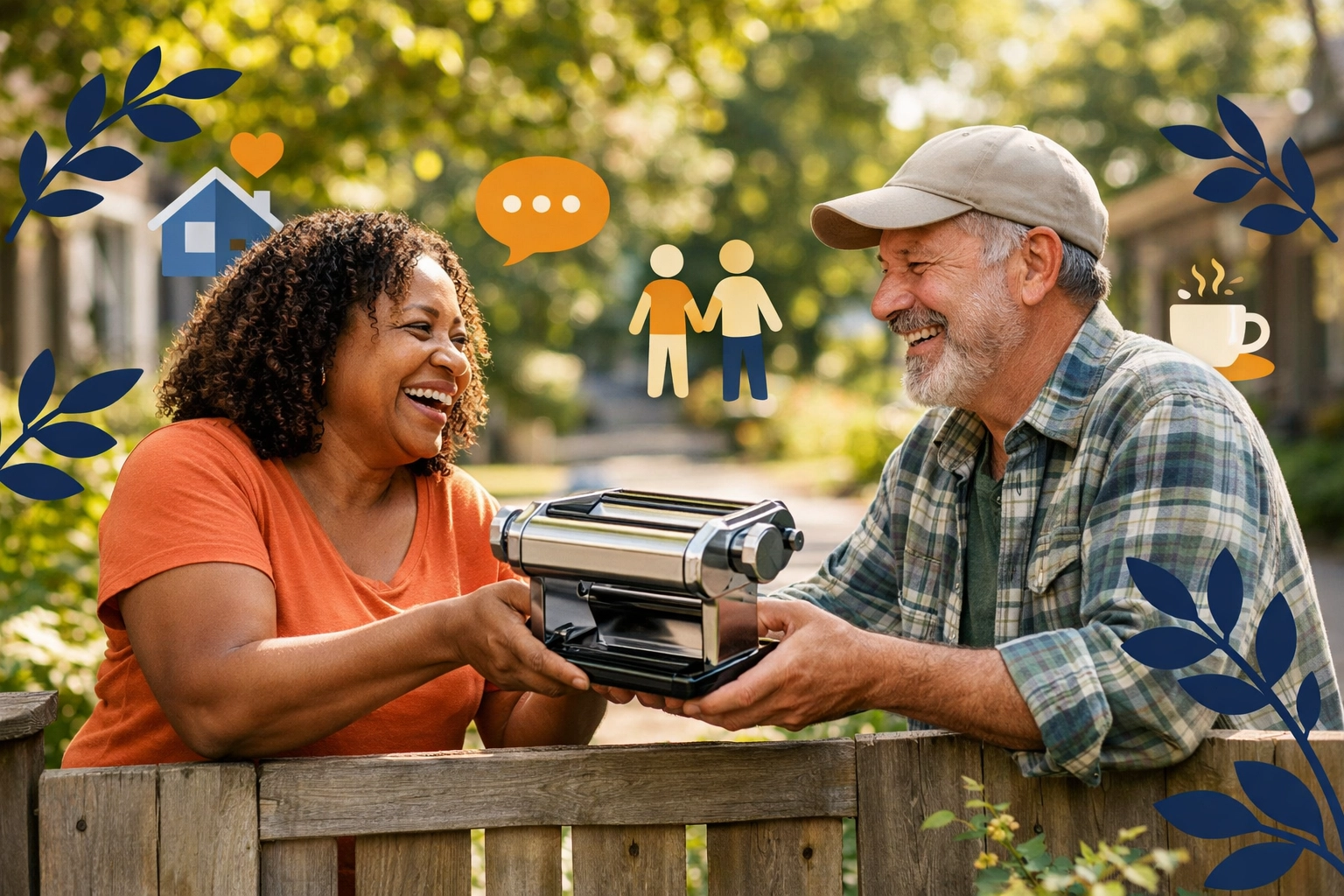 Burlington neighbors sharing a pasta maker over a garden fence to build community through renting.