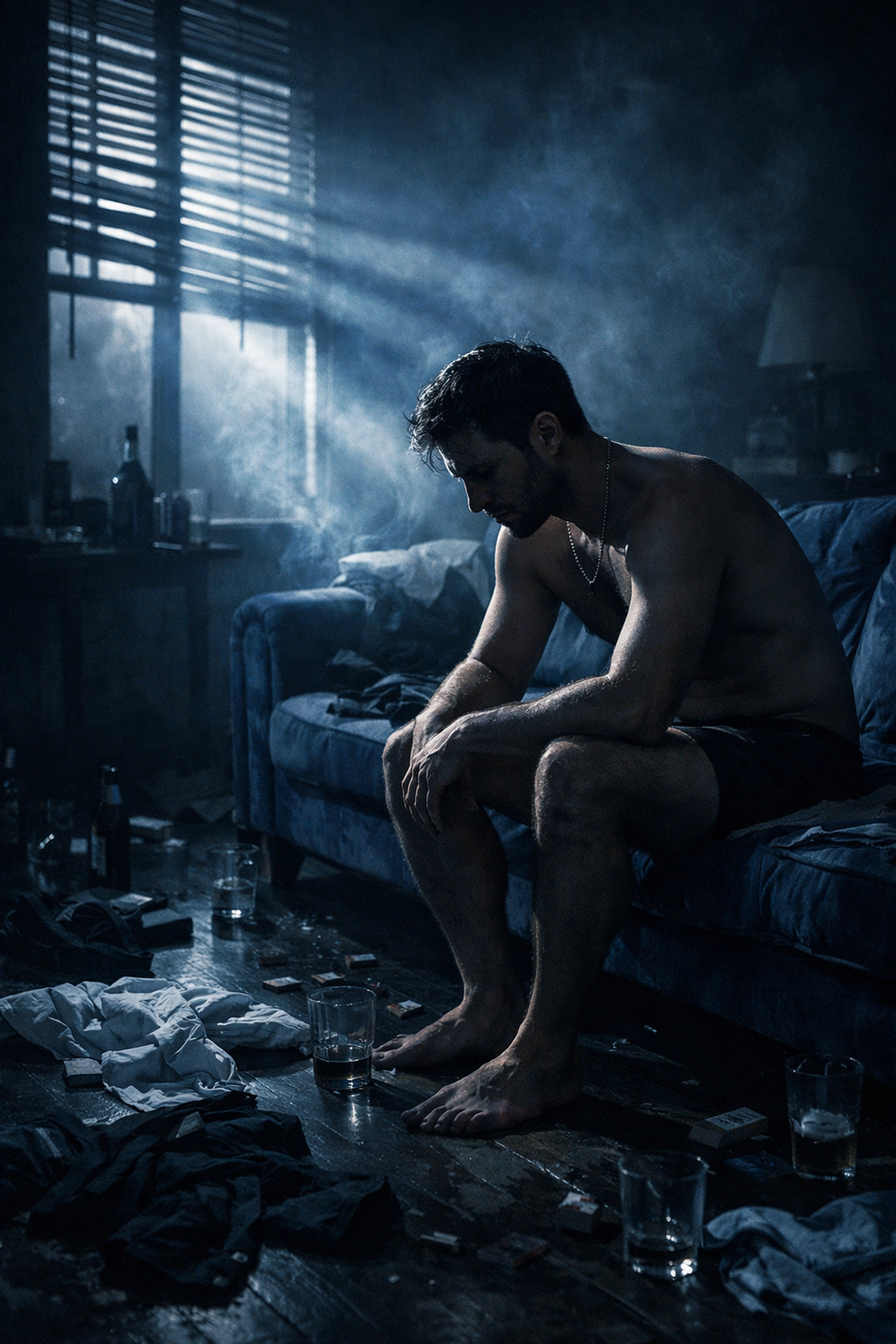 A man sitting alone on a sofa in cold morning light, depicting the emotional comedown and isolation after a gay party.