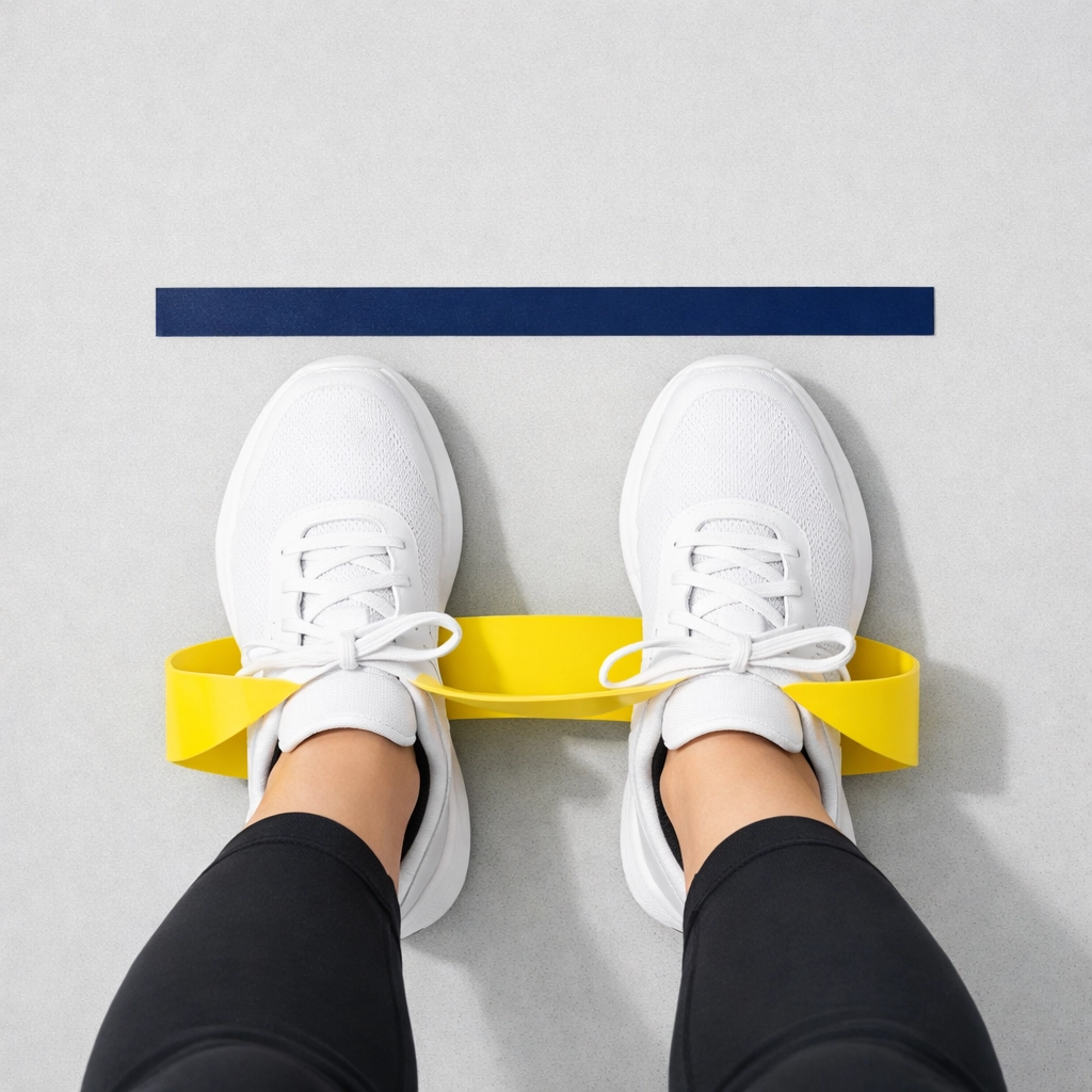 Top-down view of feet standing on a resistance band with a floor marker for consistent tracking.