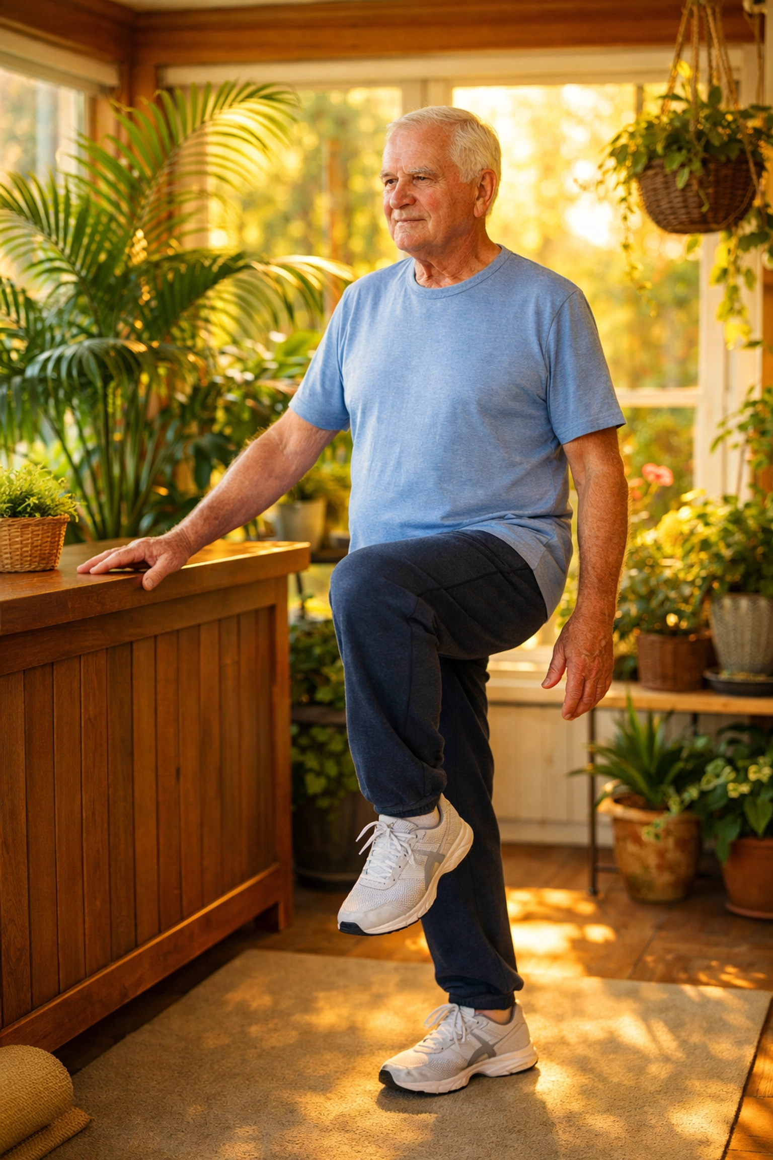 Senior man practicing balance exercises in a bright sunroom to prevent falls.