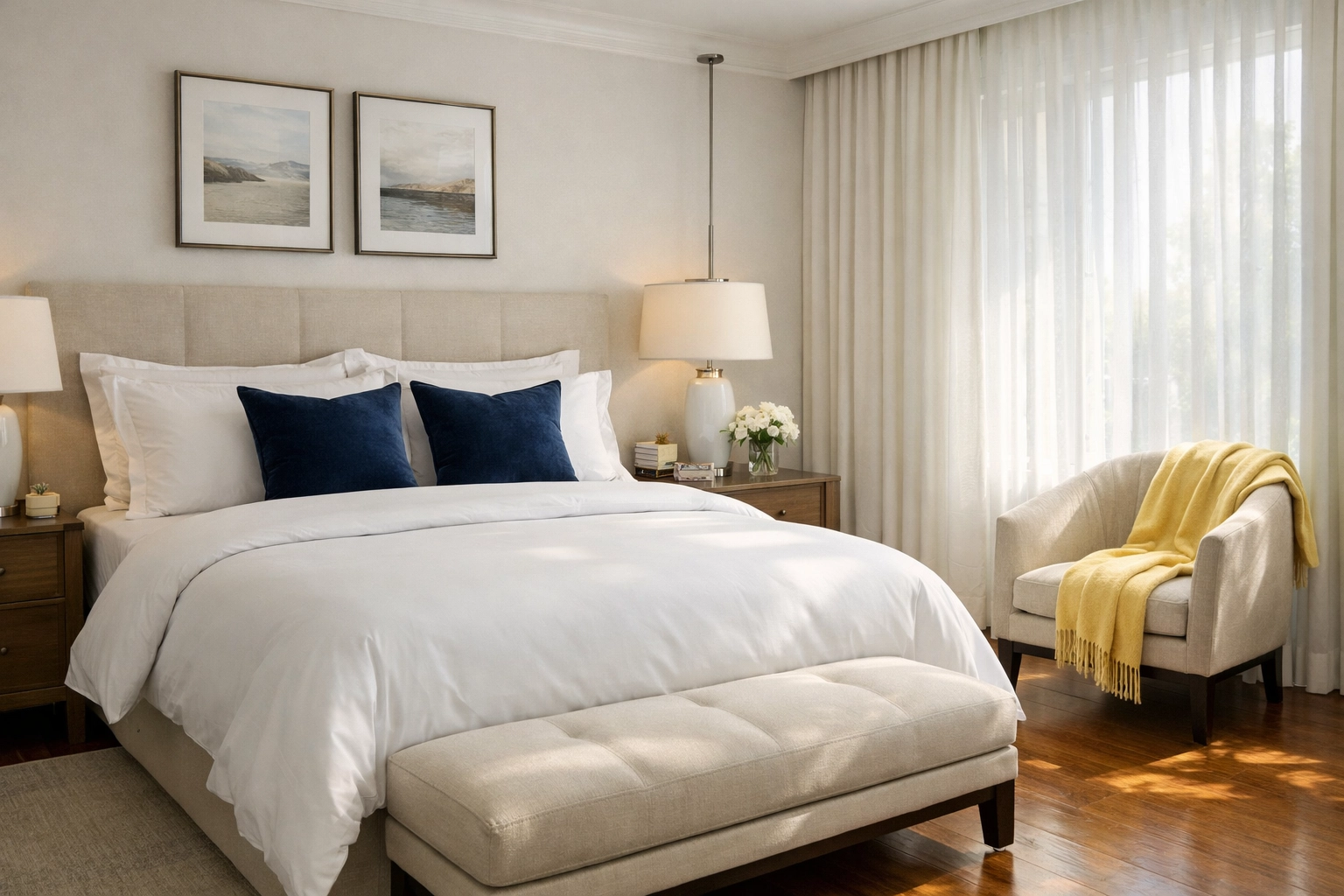 A guest-ready luxury master bedroom with dust-free hardwood floors and professional residential cleaning Massachusetts.