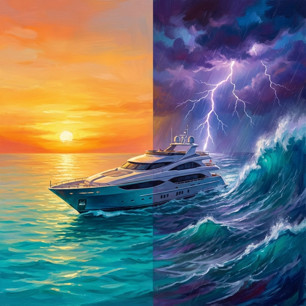 Yacht in calm and stormy seas showing the resilience of hedge fund strategies in volatile markets.