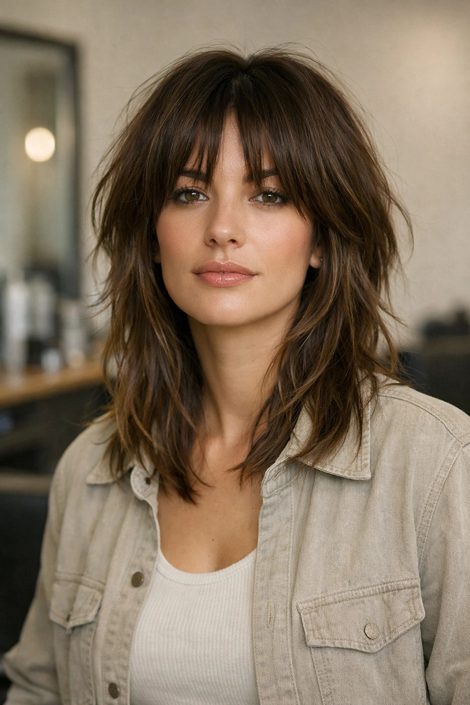 Modern shag haircut with soft curtain bangs and voluminous layers at a beauty salon in Concord NH.