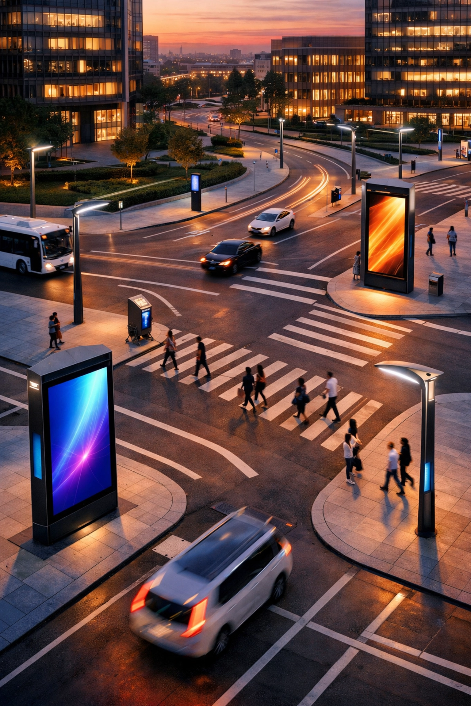 Smart city intersection with digital signage kiosks tracking urban foot traffic and dwell times for advertisers.