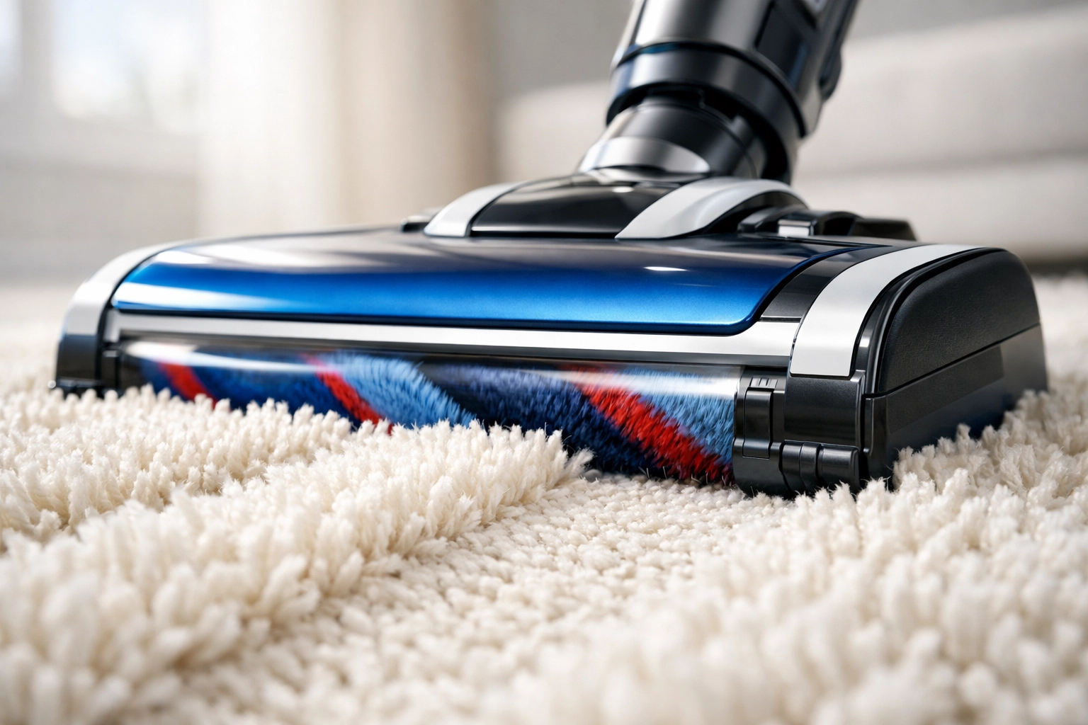 Close-up of a vacuum head cleaning plush carpet to remove deep-seated dirt and allergens.