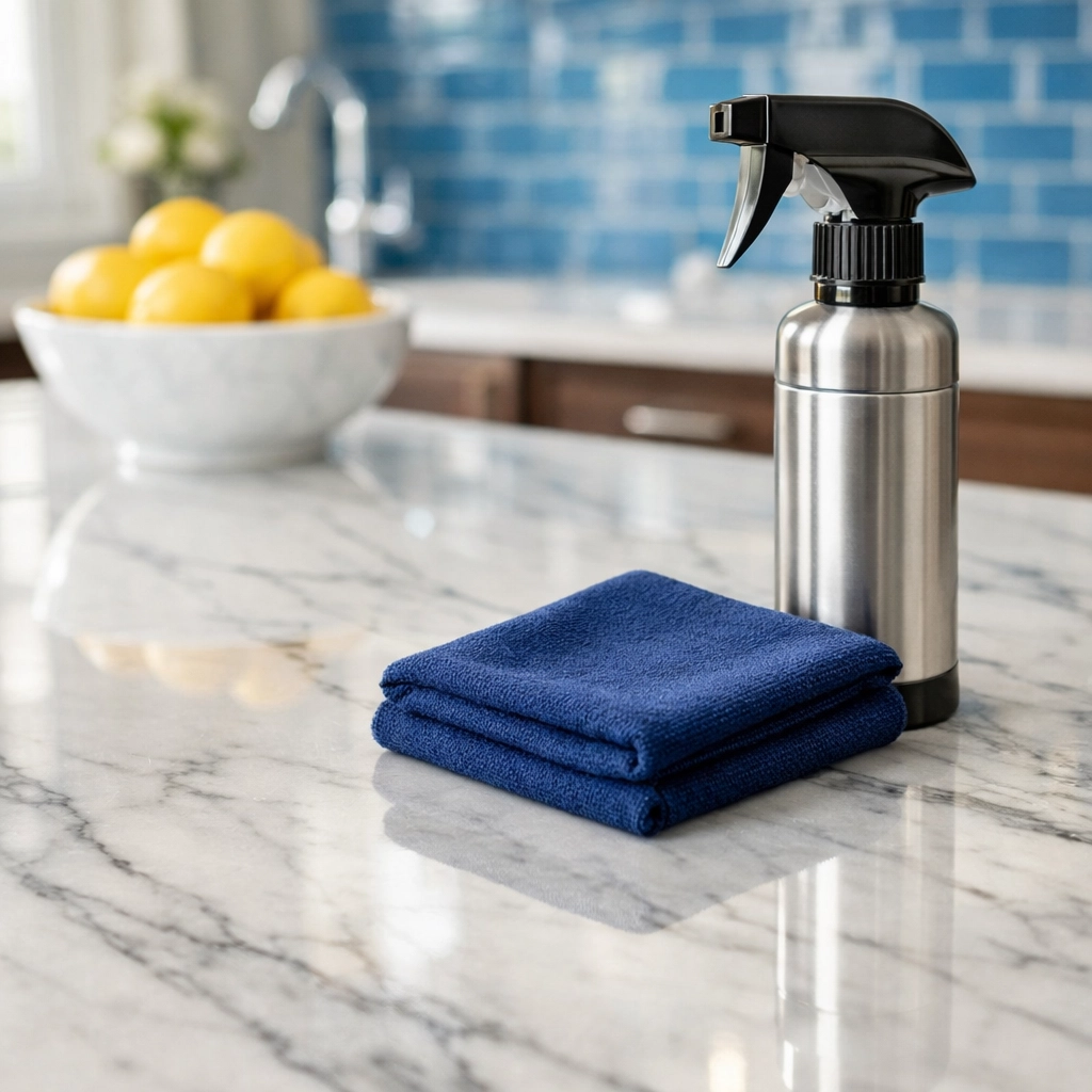 Spotless marble kitchen island showing the results of professional weekly house cleaning in Massachusetts.