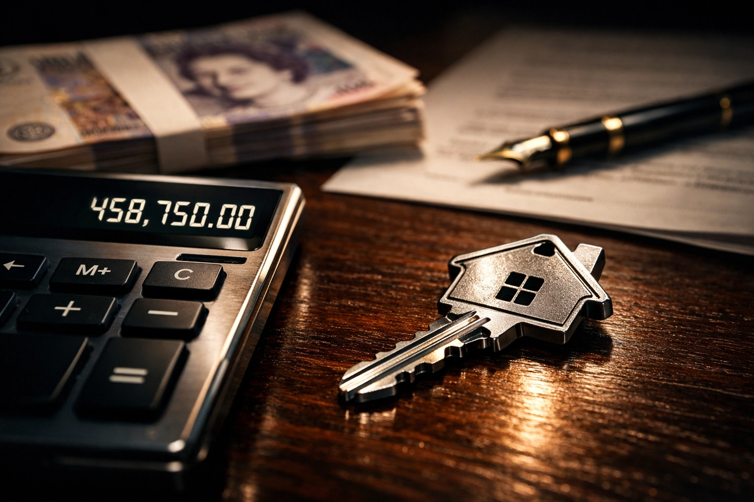 House keys and a calculator used to calculate the total cost of credit for bridging loan interest rates.