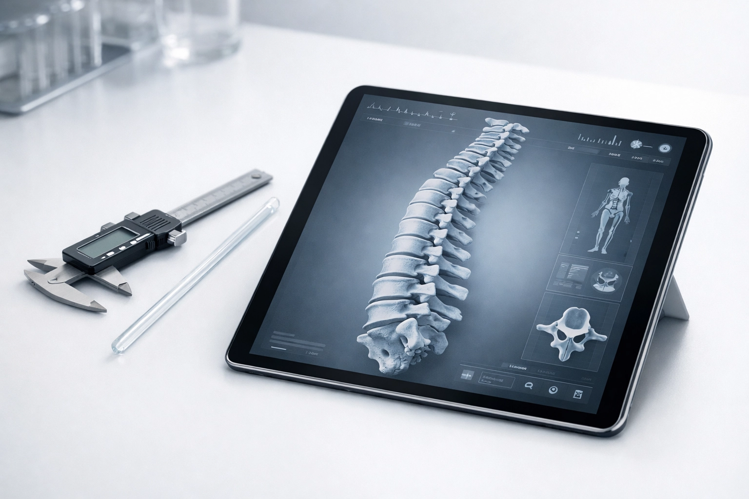 Clinical research data of a human spine on a tablet in a peptide laboratory.
