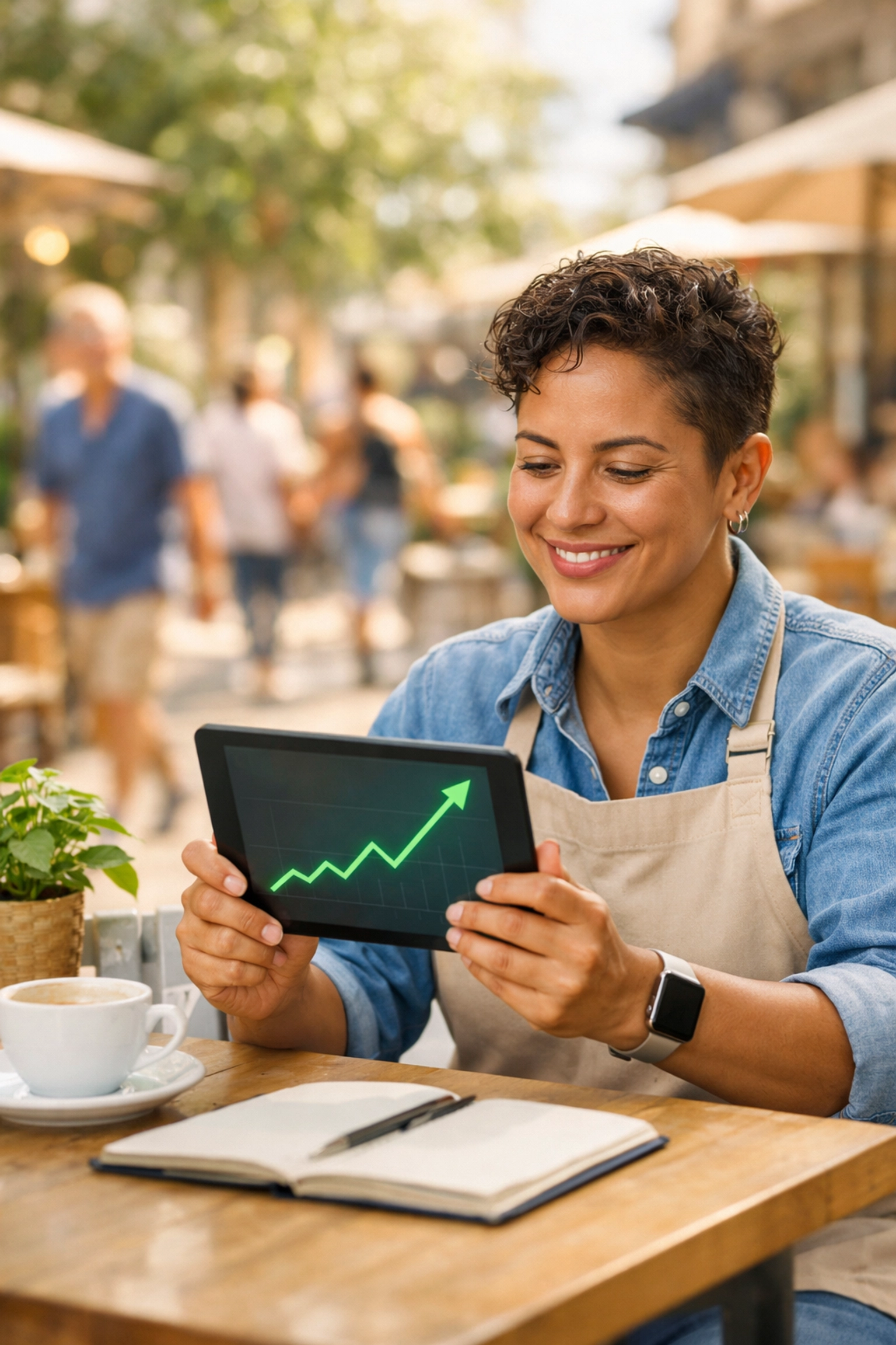 Small business owner viewing rising profit charts on a tablet from successful international ad scaling.
