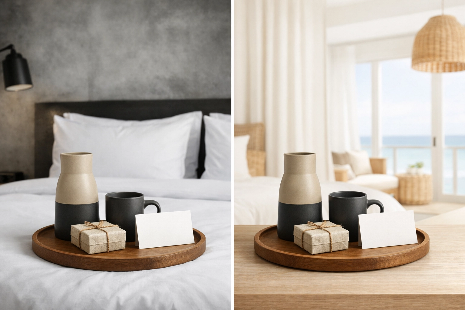 Split view of an urban hotel and coastal resort showing consistent brand standards via hotel pms.