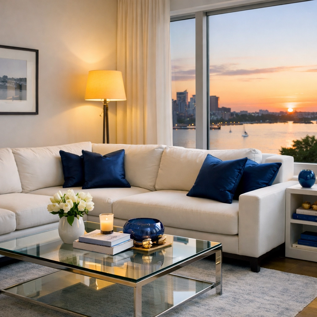 Stress-free living room in Boston with dust-free furniture and a serene view of the Charles River.