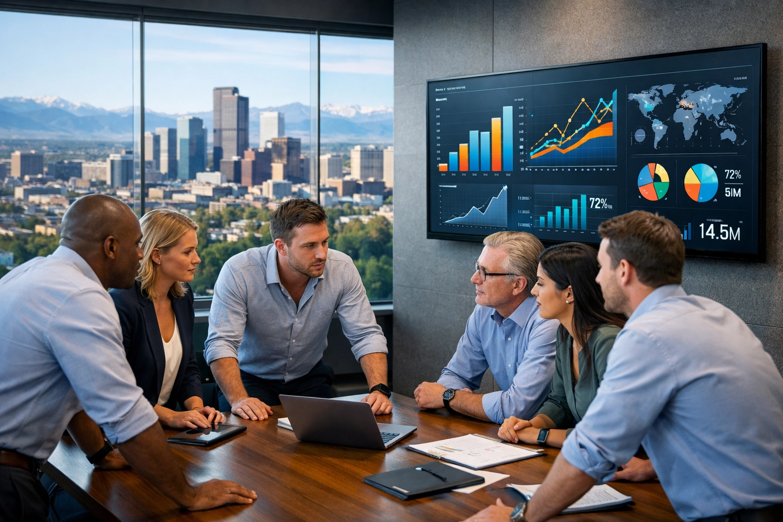 Dakdan Worldwide consultants analyzing event performance data charts to measure project ROI in a modern office.