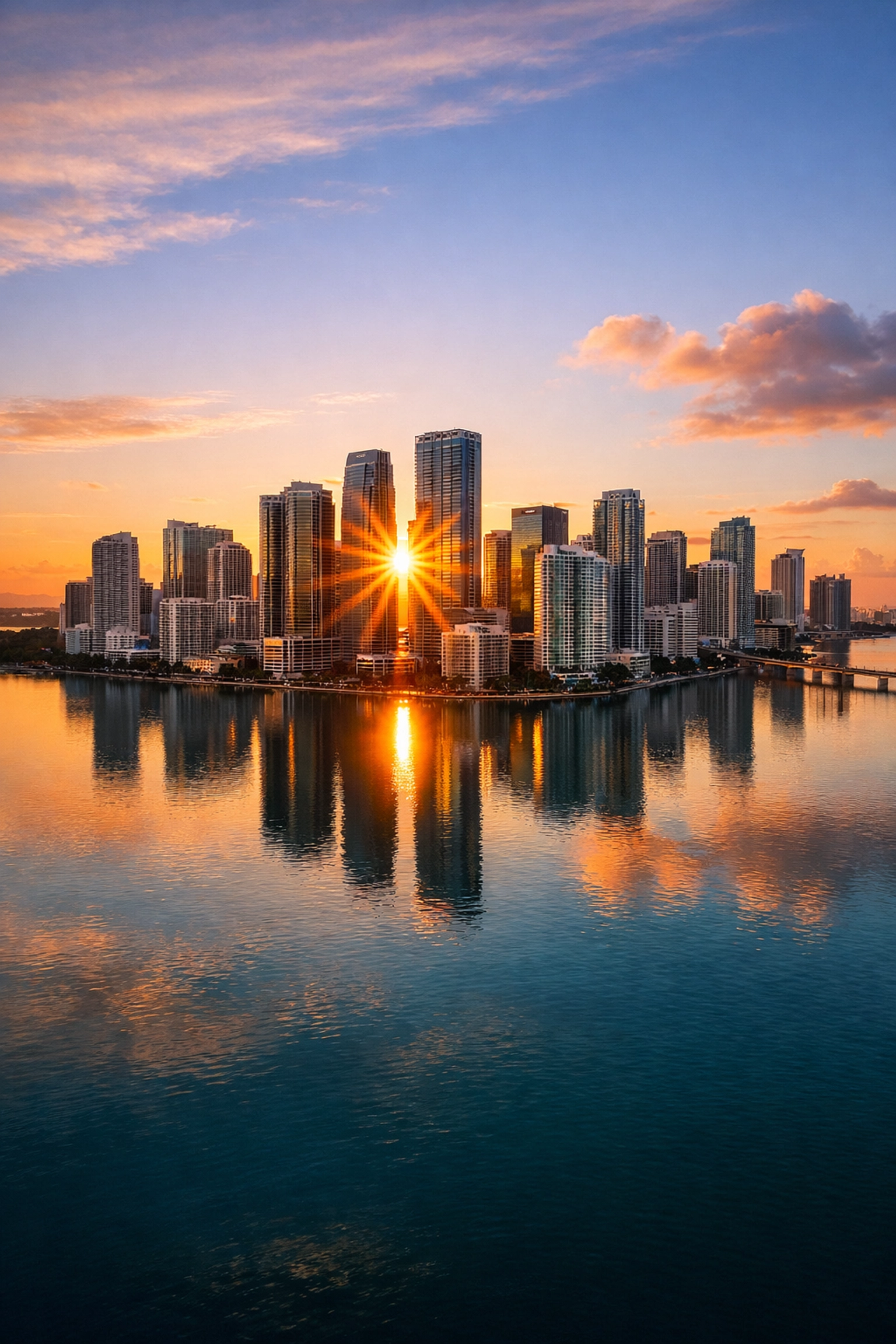 Iconic sunrise view of the Miami skyline over Biscayne Bay, a fine art photography masterpiece.