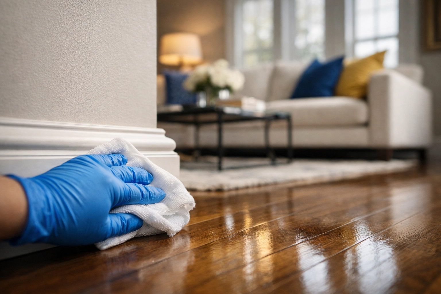 Detail-oriented residential cleaning MA includes hand-wiping baseboards for a professional finish.