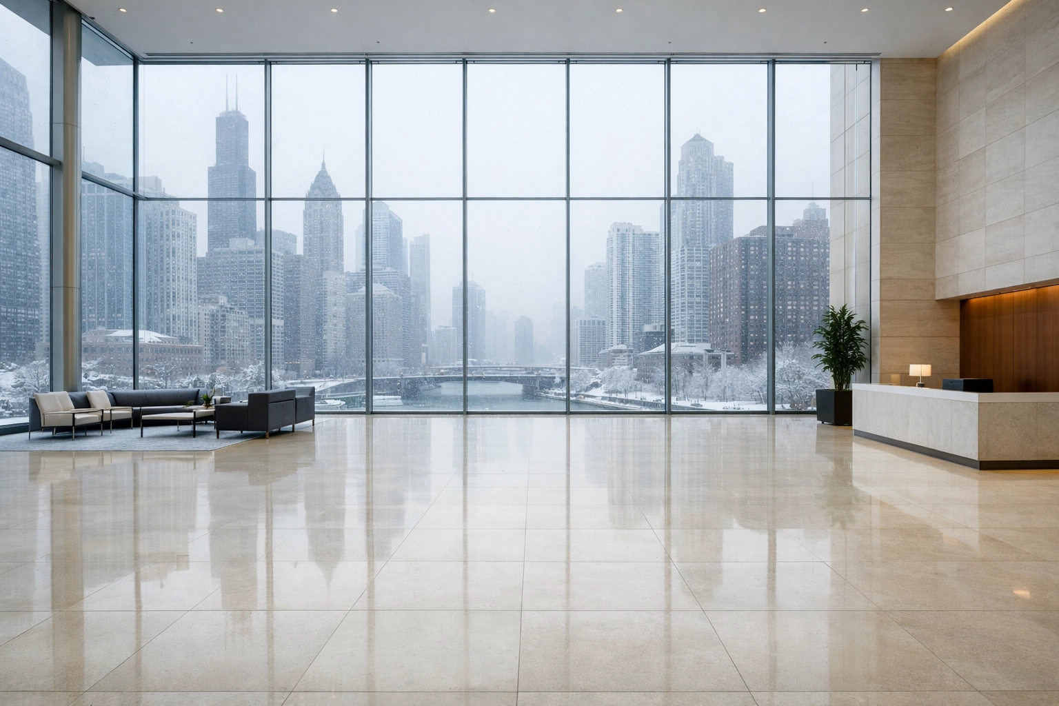Clean Chicago office lobby with snowy skyline views, showcasing reliable Midwest janitorial services during winter.